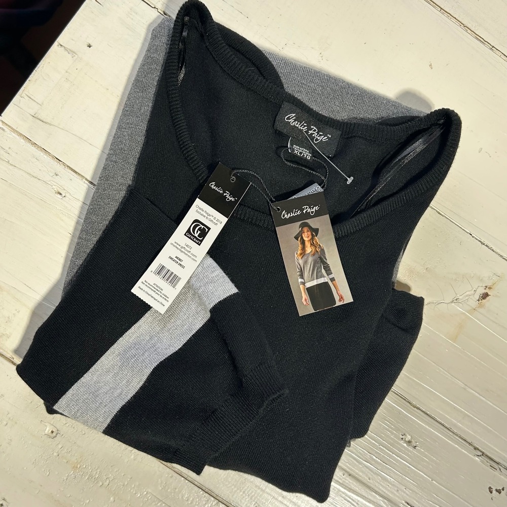 Charlie Paige Womens Colorblock Sweater Dress Black Grey XL 1401222